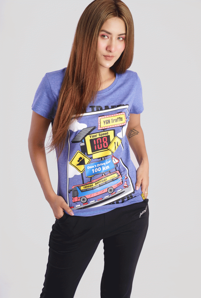 Highway Express Design Printed Girl Y-shirt(Blue)